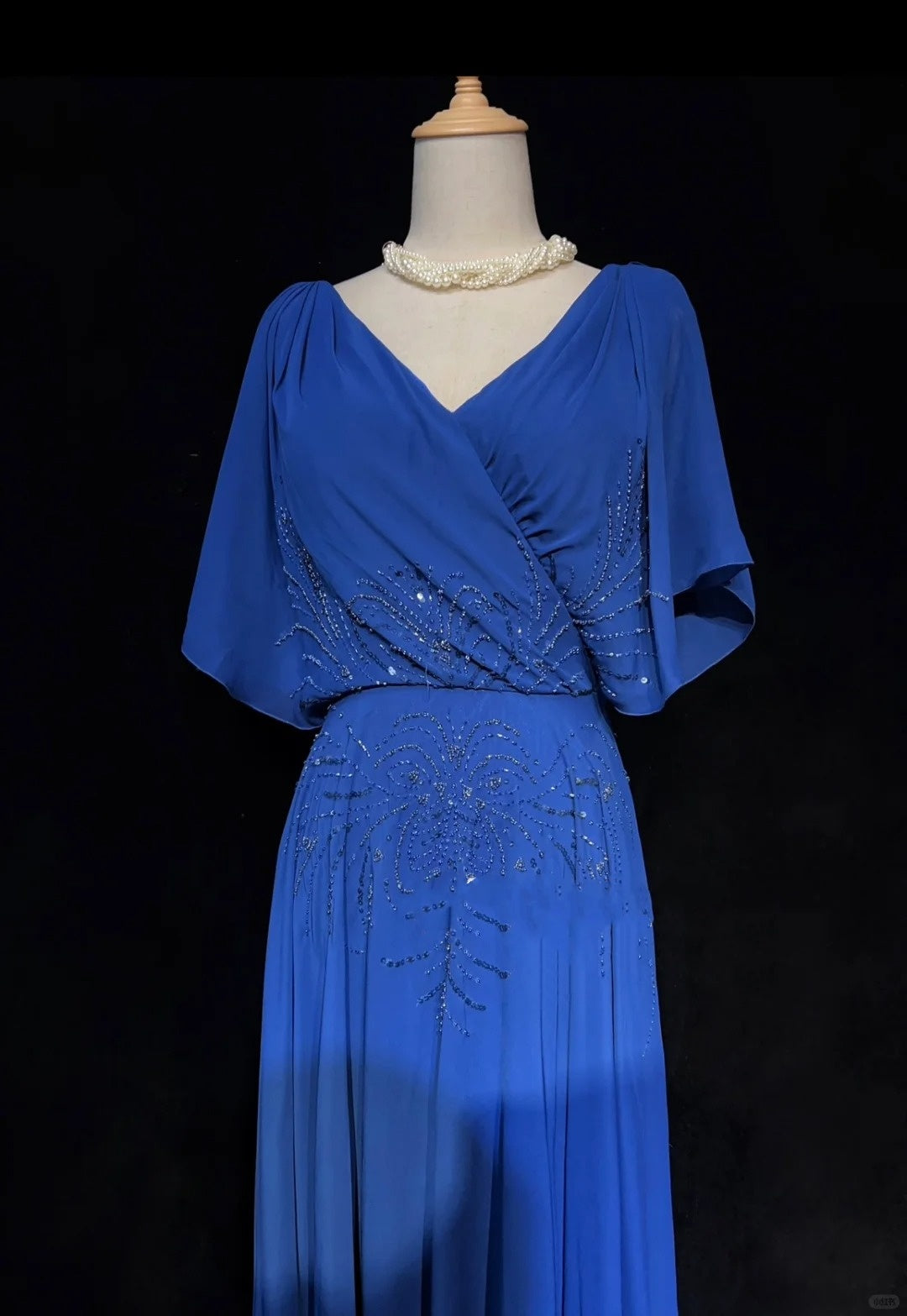 Blue Vintage Elegant Exquisite Beaded Short Sleeve Long Chiffon Ball Gown Evening Dress Party Dress Wedding Mother's Dress Prom Dress nv3961