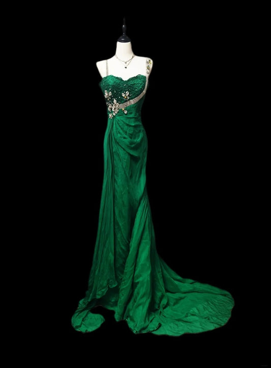 Green Vintage Fashion Elegant Exquisite Beaded Lace Long Satin Floor Length Trailing Ball Gown Evening Gown Party Dress nv3860
