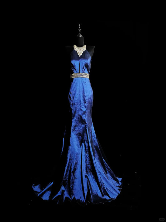 Blue Gorgeous Elegant Fashion Exquisite Gem Beads Long Mermaid Slim Satin Ball Gown Evening Gown Prom Dress nv3872
