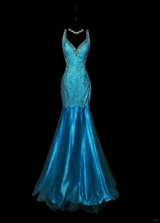 Blue Shiny Fashion Elegant V-neck Floral Long Mermaid Slim Fishtail Skirt Satin Floor Length Train Ball Gown Evening Gown Party Dress Prom Dress nv3862