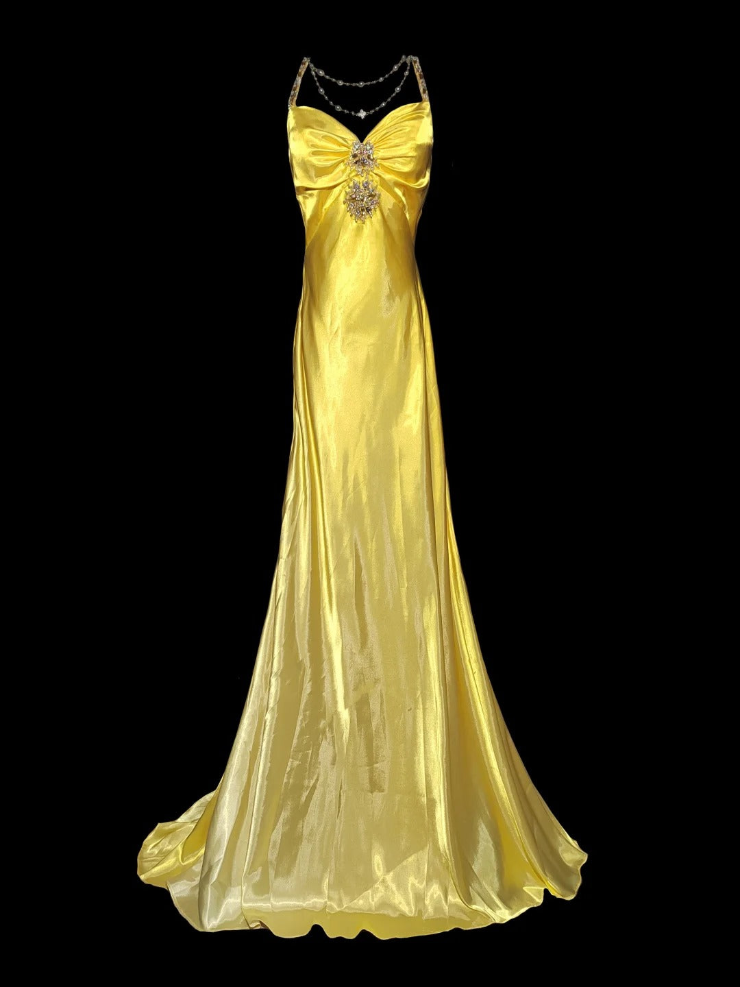Yellow Fashion Elegant V-neck Exquisite Gem Long Mermaid Slim Fishtail Skirt Satin Floor Length Train Ball Gown Evening Gown Party Gown Prom Dress nv3864