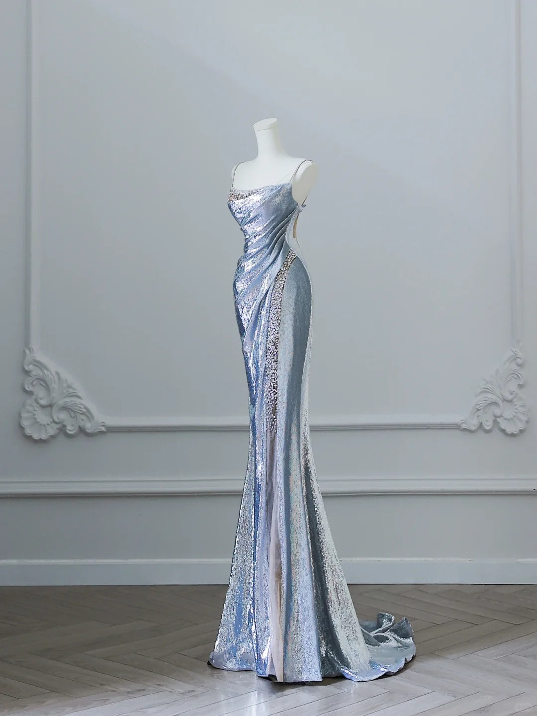 Silver Gorgeous Shiny Mermaid Elegant Long Satin Ball Gown Evening Dress Graduation Dress nv4337