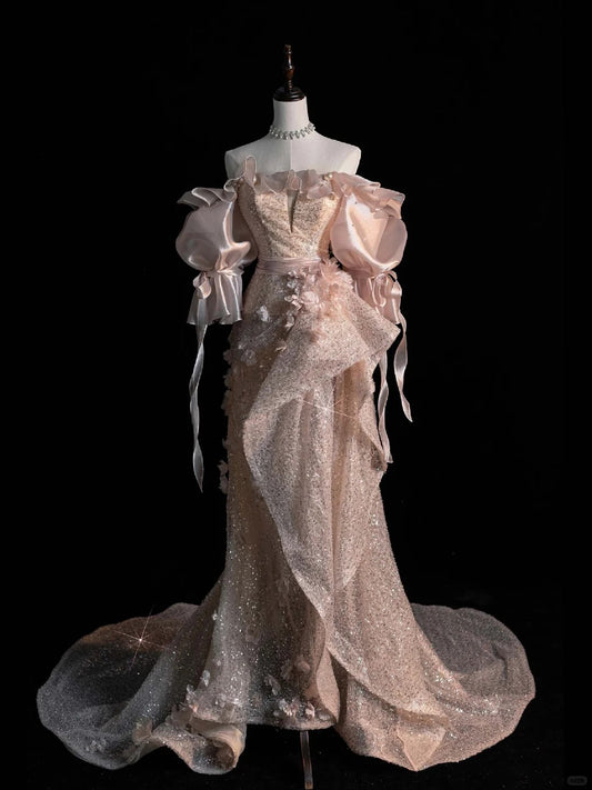 Pink Luxurious Shiny Gorgeous Delicate Floral Appliqué Beads Elegant Stunning Long Tulle Floor Length Train Ball Gown Evening Gown Party Gown nv4117