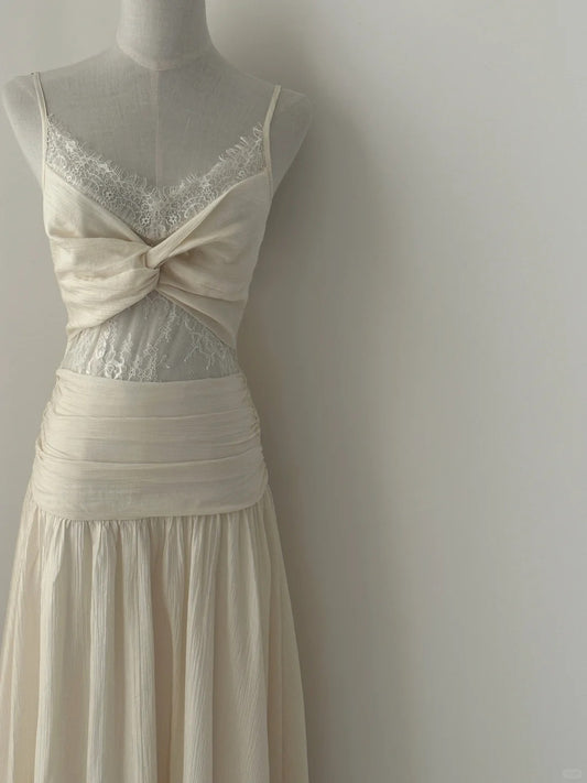 Champagne White Elegant Retro Fashion Romantic Exquisite Lace Spaghetti Strap Long Floor Length Chiffon Ball Gown Evening Dress Birthday/Vacation/Wedding Dress Ball Gown nv4074