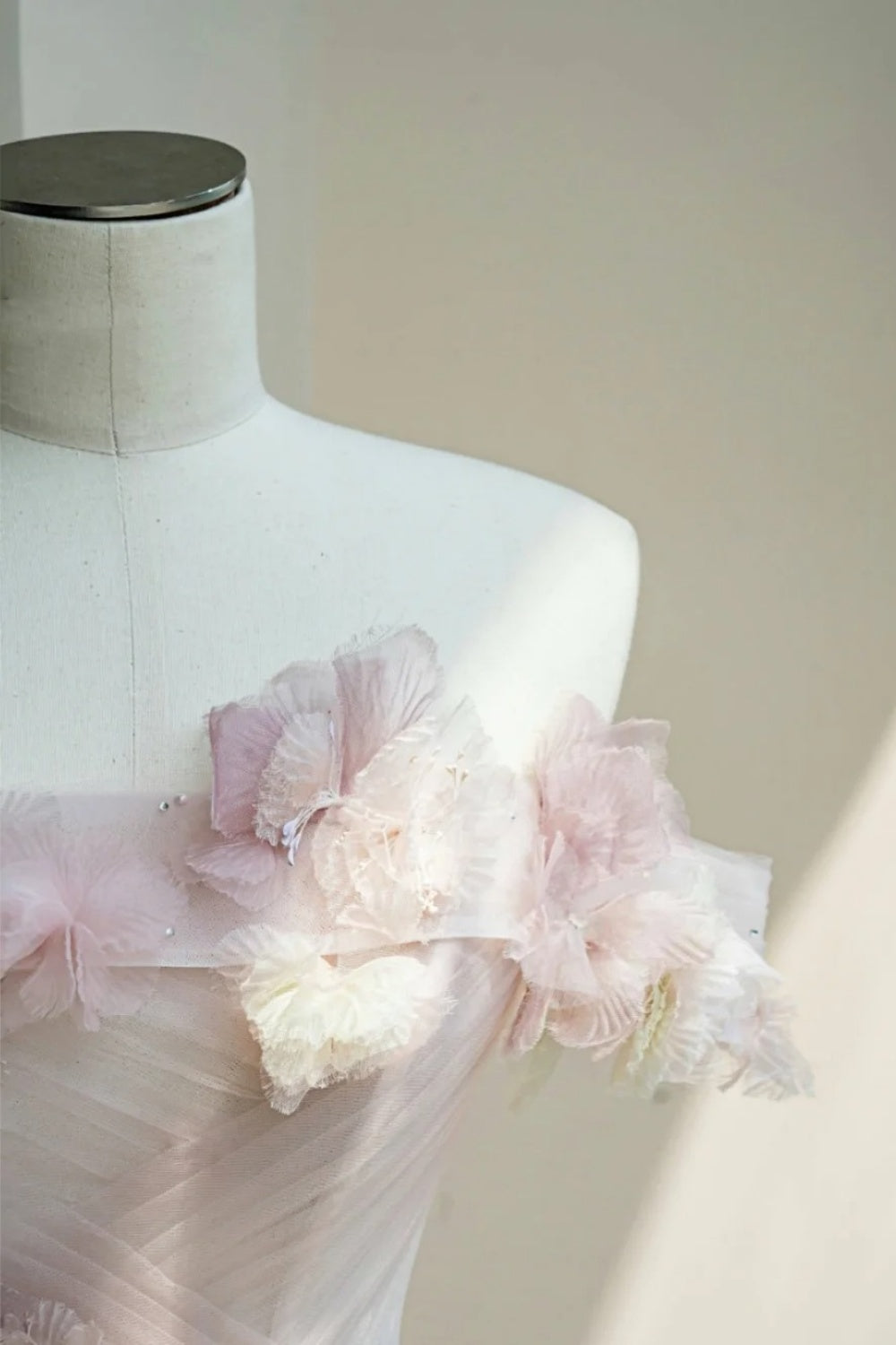 NiceVestidos--Floral Fairy Style:Pink - White 3D Floral Studded Tulle Off - Shoulder Floor - Length Wedding Dress NV5815