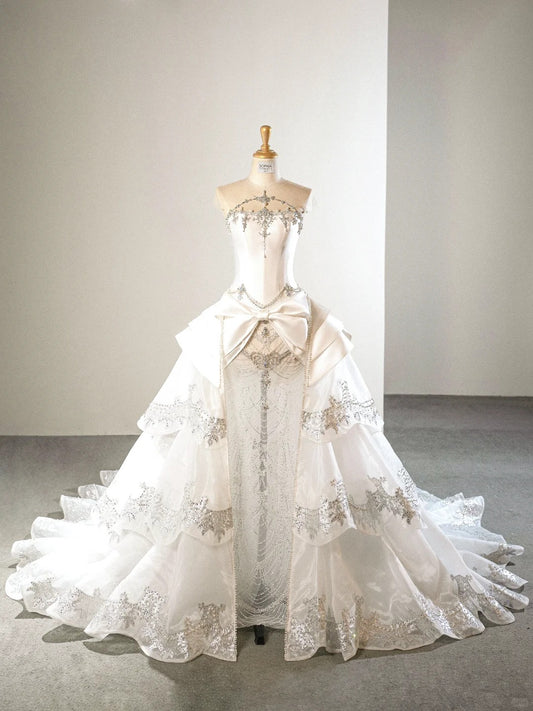 White Luxurious Gorgeous Exquisite Beaded Long Satin Floor Length princess Ball Gown Evening Gown Wedding Dress nv4125