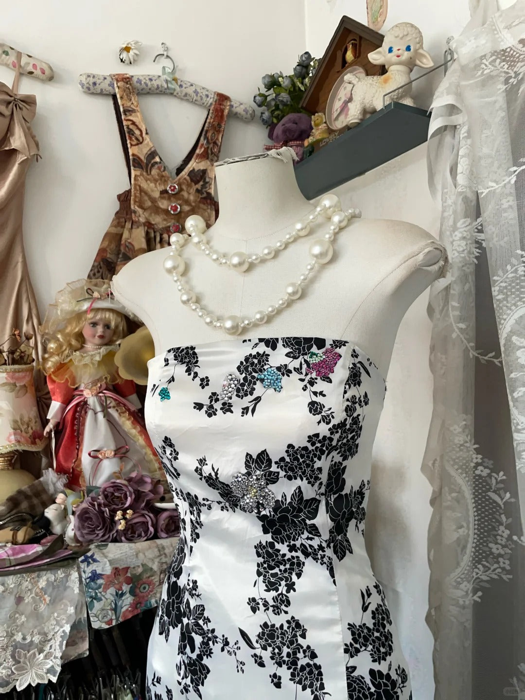 Retro black and white floral fashion long chiffon prom dress nv5427