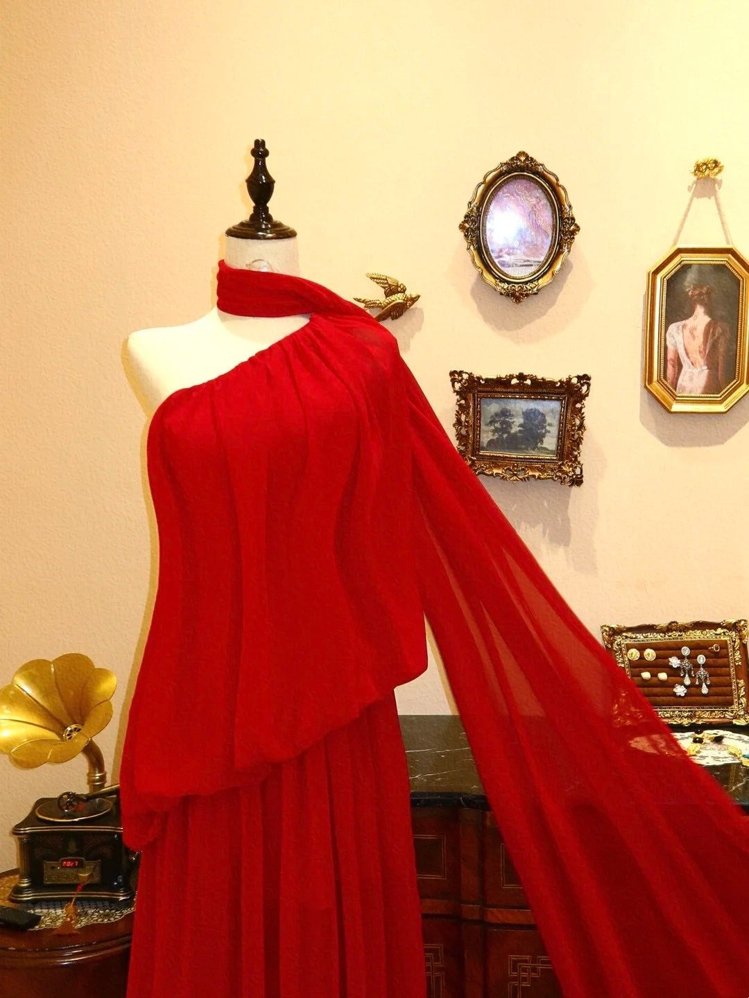 NiceVestidos--Romantic Red Carpet - Style Chiffon Gown, Long One - Shoulder Flowing Sleeve Celebration Dress NV5822