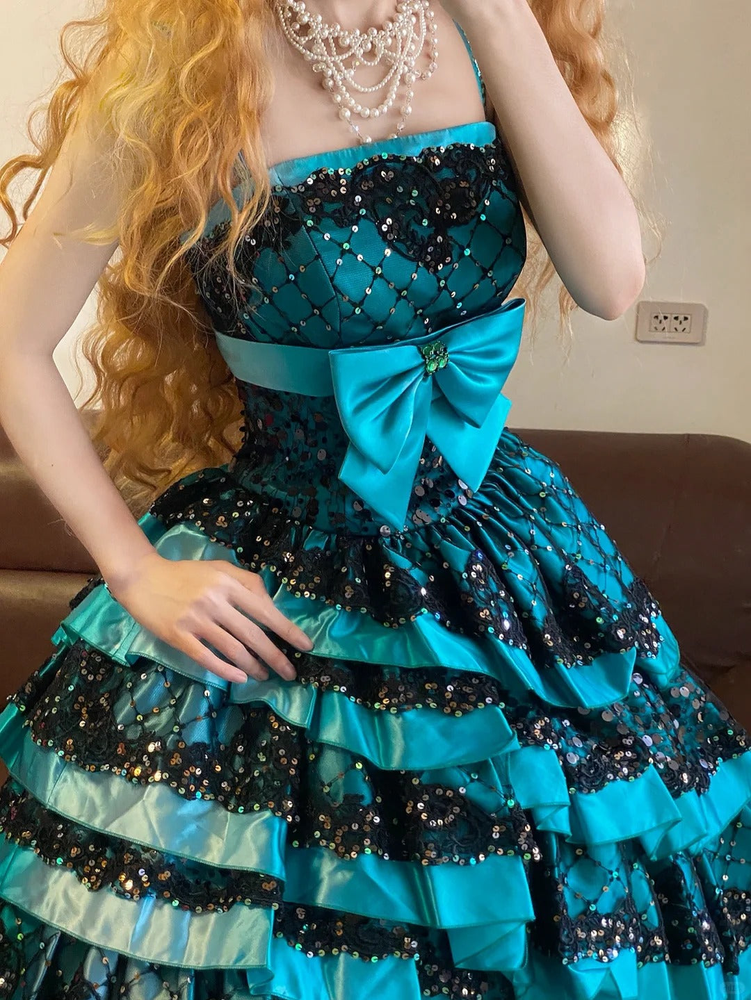 Blue rhinestone beaded long ruffled fashionable long satin princess ball gown nv5046