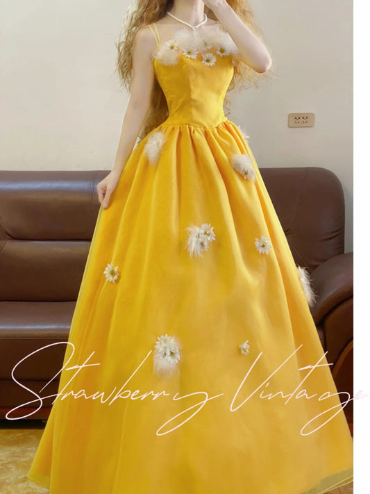 Yellow Daisy Elegant Long Princess Satin Tulle Ball Gown nv5034