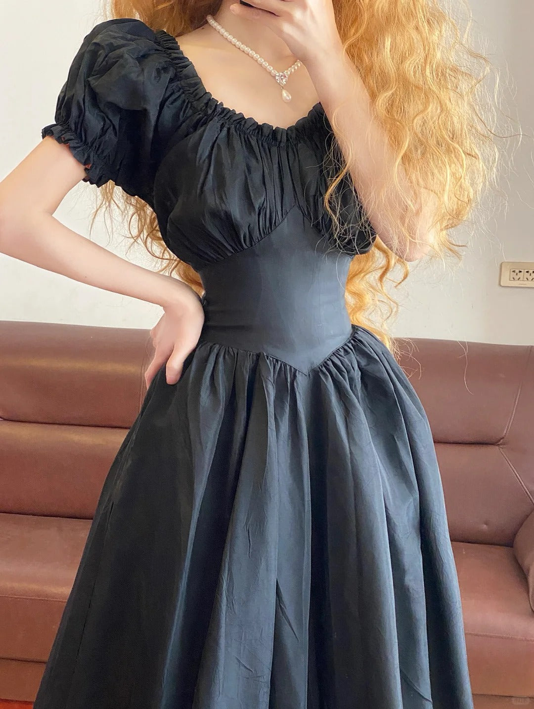 Black Floral Long Satin Princess Vintage Ball Gown nv5043