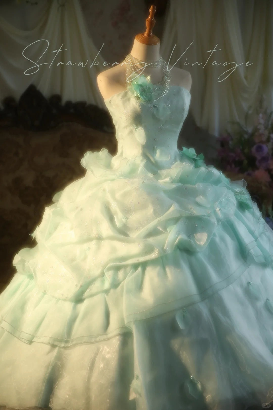Mint Green Floral Long Tulle Vintage Ball Gown nv5037