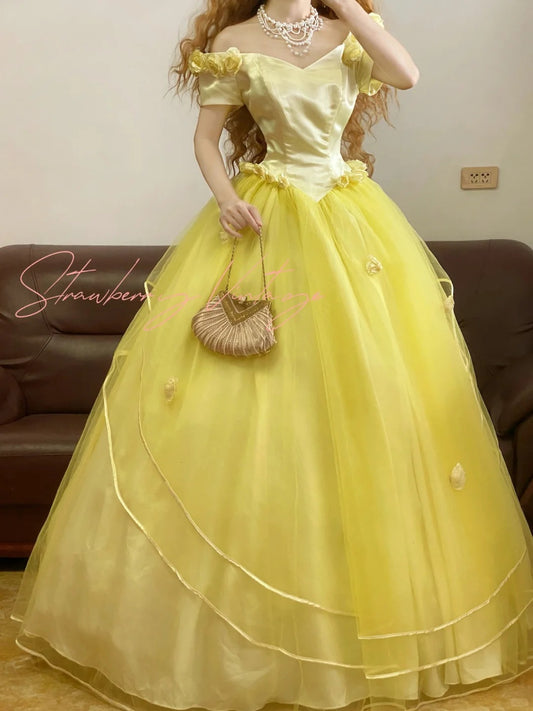 Yellow vintage elegant tulle long princess ball gown evening dress nv5003