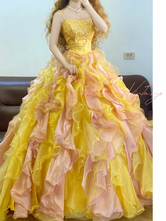 Yellow Beaded Gradient Long Tulle Ball Gown Princess. nv5079