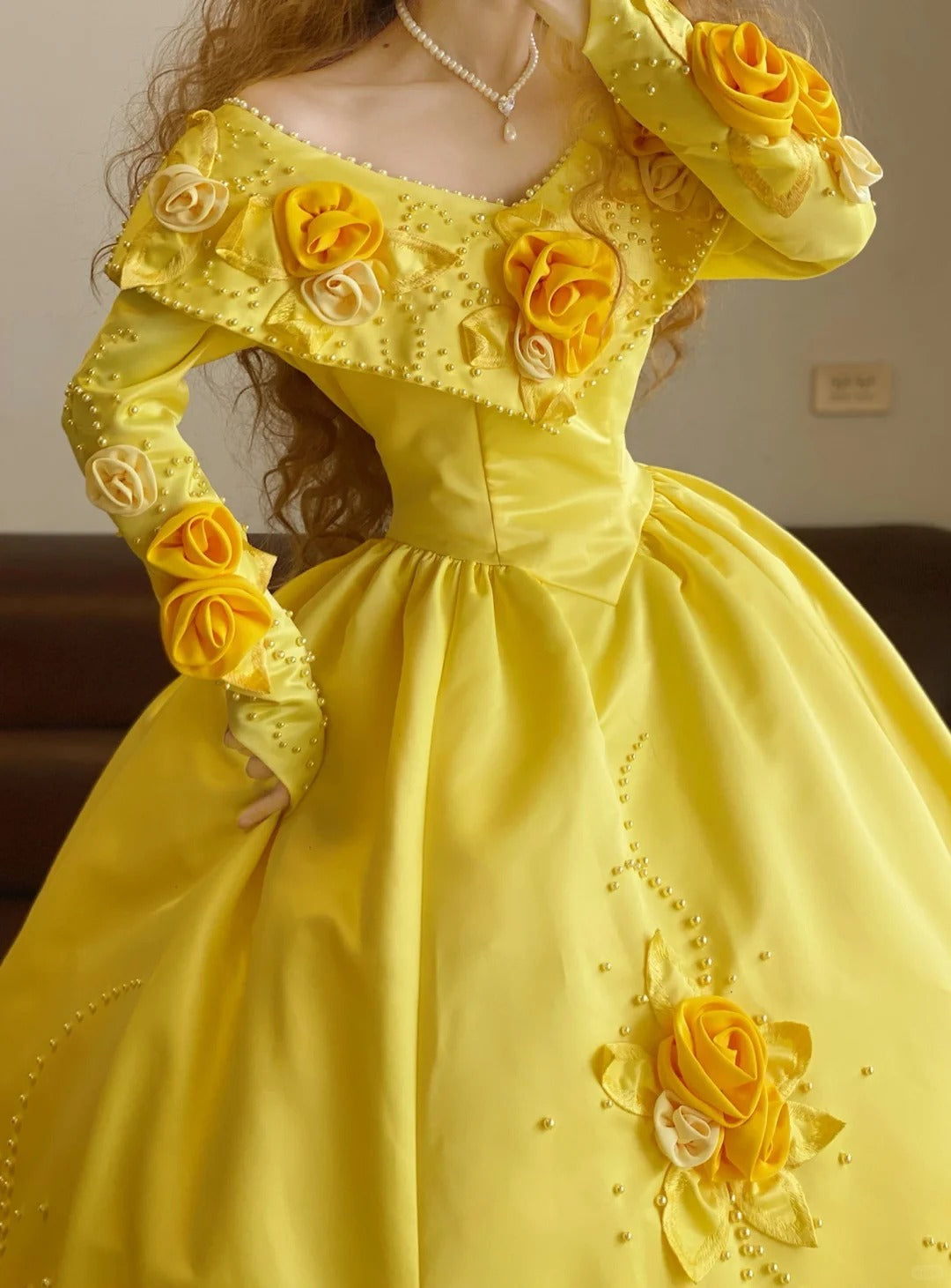 Yellow floral beaded long satin vintage ball gown nv5039