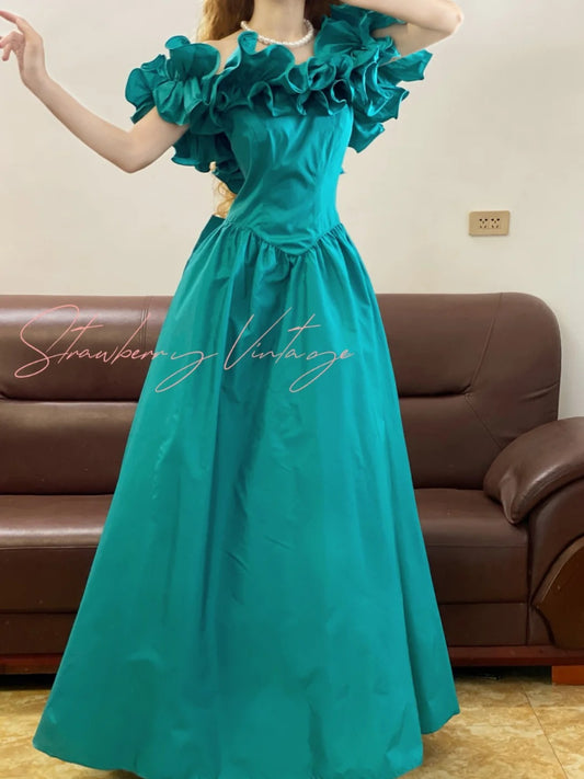 Teal Vintage Elegant Satin Long Princess Ball Gown Evening Dress Party Dress nv5002