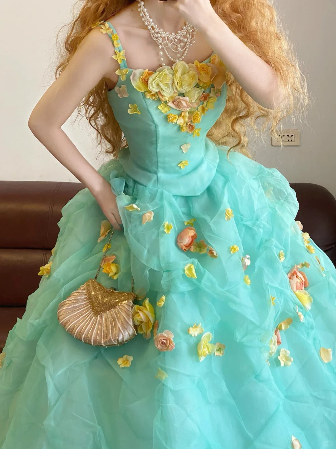 Mint Green Floral Long Tulle Princess Vintage Ball Gown nv5042