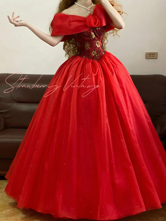 Red Vintage Elegant Floral Long Tulle Princess Ball Gown nv5008