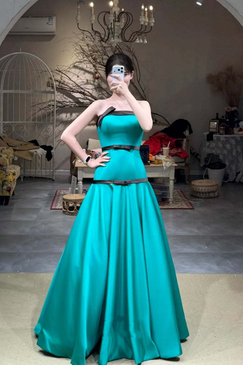 Fashion Contrast Color Style Strapless Sleeveless Gown | Peacock Blue Satin Black Trim Ballgown Maxi Dress for Gala Red Carpet High-End Party Business Social Event NV6274