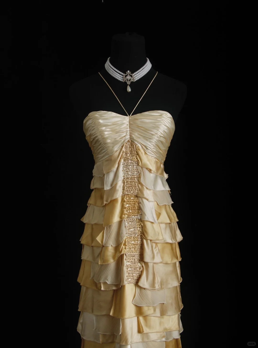 🧡Vintage brown and yellow sequined chiffon long ruffled ball gown party dress nv5208