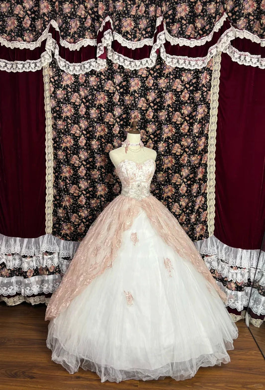 Pink Vintage Fashion Floral Beaded A-Line Long Tulle Off-Shoulder Ball Gown Quinceanera Dress Evening Gown nv4219