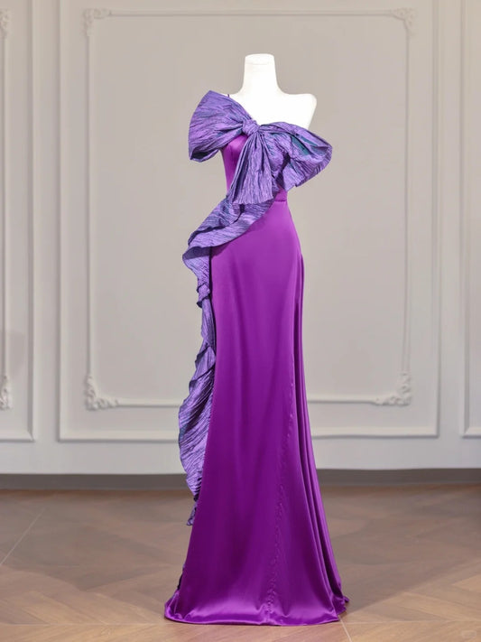 Purple Bow Long Satin Prom Dress Evening Dress Party Dress nv4961