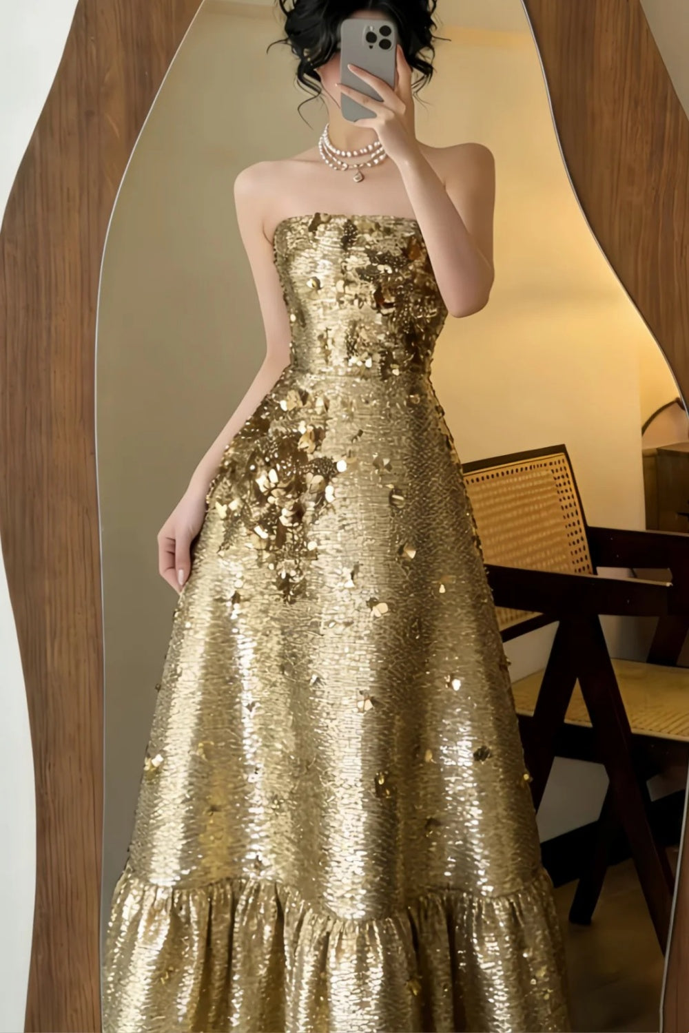 Gold Sequin 3D Embellished Strapless Maxi Evening Gown NV6561