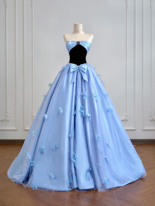 Blue bow long satin ball gown evening dress Quinceanera Dresses nv4942