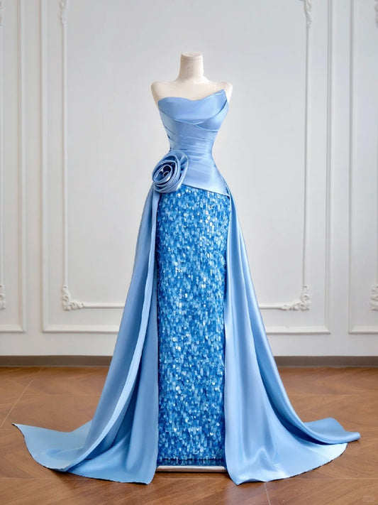 Blue shiny sequins long satin floor-length ball gown evening gown graduation dress nv5104