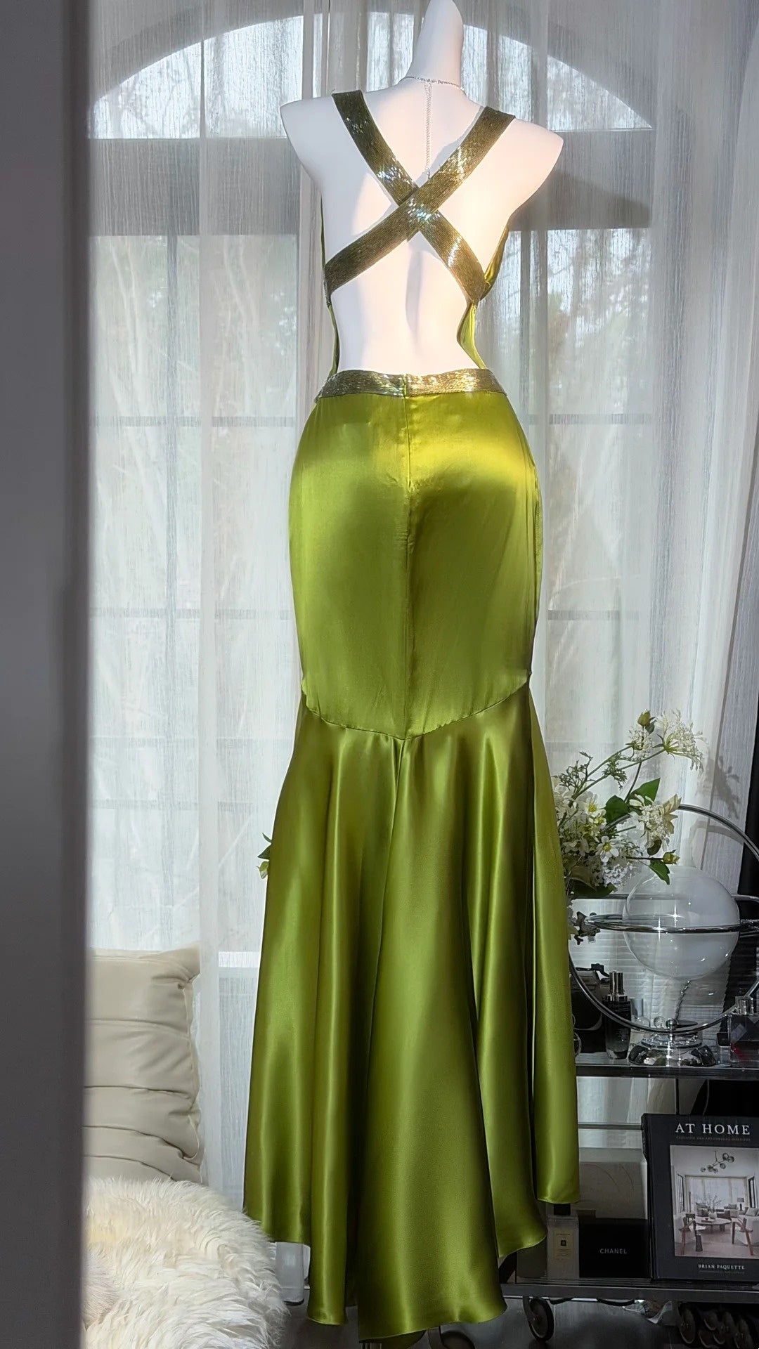 Vintage Olive Green - Deep V Sequin Waistband Crisscross Backless Satin Mermaid Dress, Socialite Evening Gown NV6865