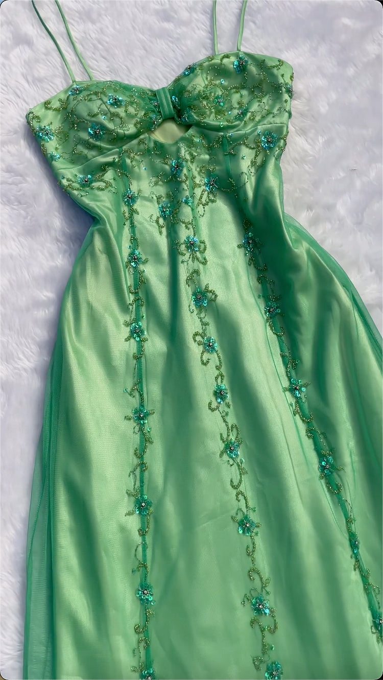 Green gorgeous delicate floral beading spaghetti straps long tulle ball gown evening dress party dress nv3740