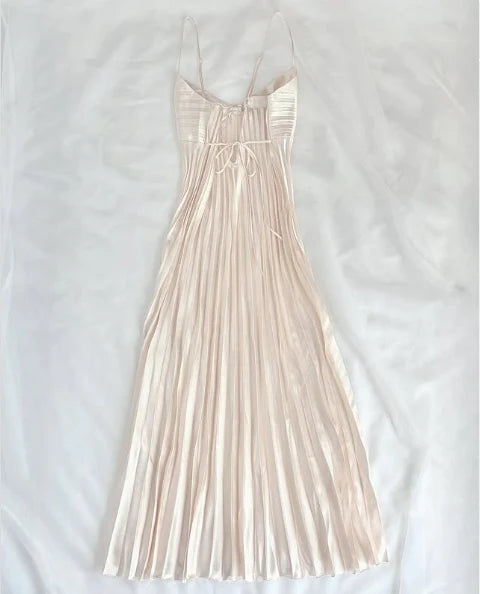 NiceVestidos-Long simple spaghetti strap satin pleated prom dress, retro dress Nv5630