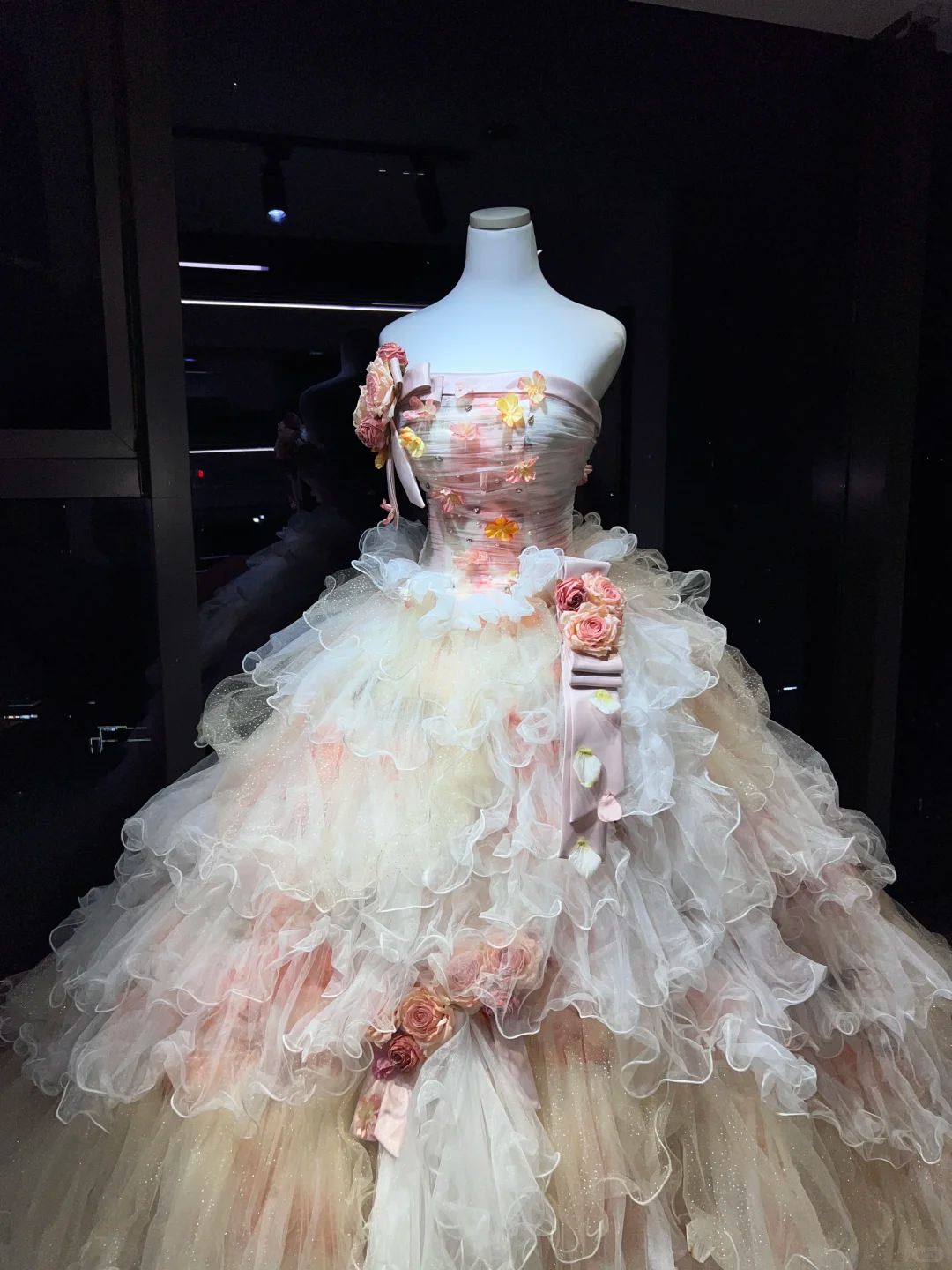 Strapless Pink Ombre Prom Dress 3D Rose Floral Tiered Glitter Tulle Cake Ball Gown NV7061