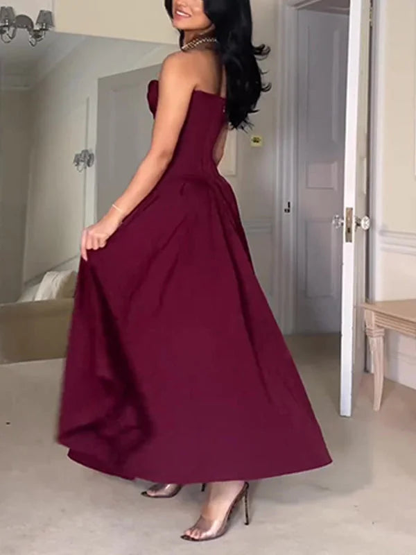 Burgundy A-line Princess V-neck Floor-length Long Ball Gown Evening Dress nv1933
