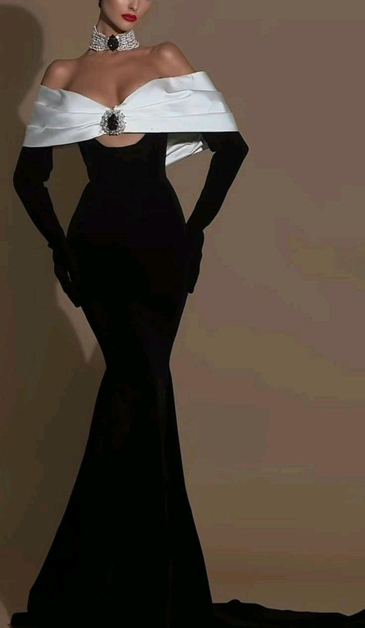 Black White Long Satin Mermaid Prom Dress Evening Dress Party Dress nv4871