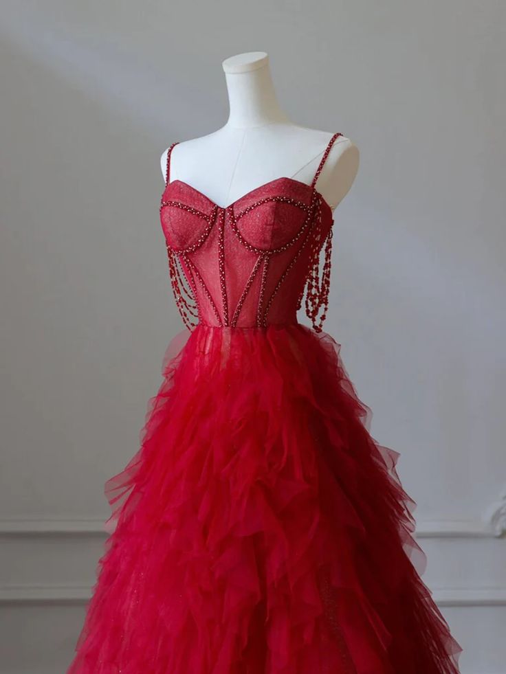NiceVestidos--Red Spaghetti - Strap Beaded Tulle Gown, Romantic Layered Train Banquet Dress NV5758