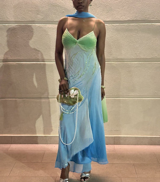 Blue Green Fashion Gradient Beaded Chiffon Long Prom Dress Evening Dress Party Dress nv4767