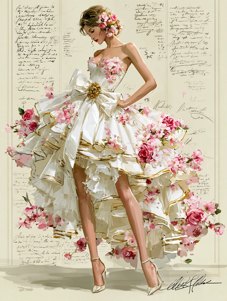 3D Pink Floral Sweetheart Strapless High Low Ruffle Prom Dress with Gold Trim NV7401