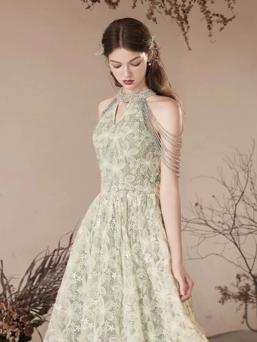 Cute Tulle Flower Floor Length Green Prom Dress, Beautiful Backless A-Line Evening Party Dress nv1414