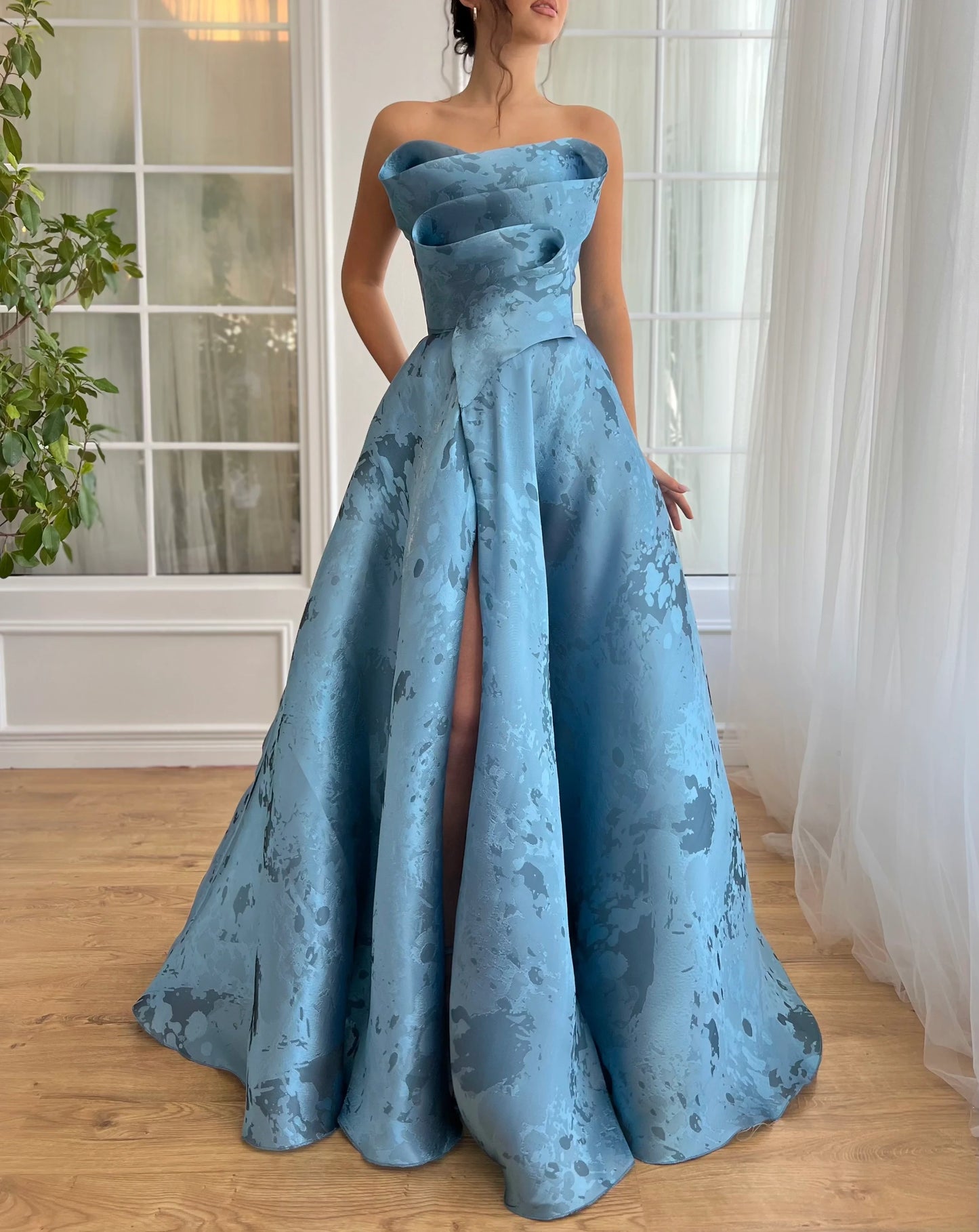 strapless ruched embossed printed satin lace-up prom dress nv1637