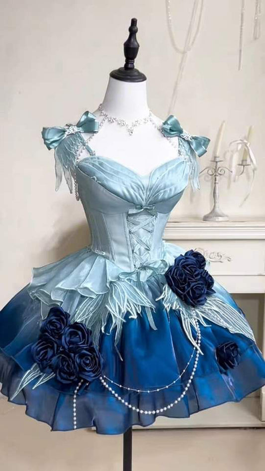 Blue/Green/Purple Floral Short chiffon Homecoming Dress Prom Dress Birthday Dress nv4824