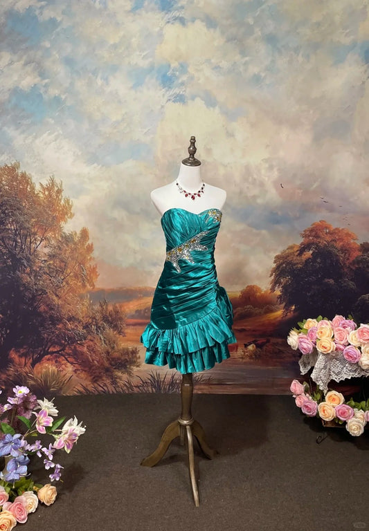 Blue Elegant Retro Fashion Exquisite Gemstone Beaded Short Satin Ball Gown Evening Gown Prom Dress nv4082