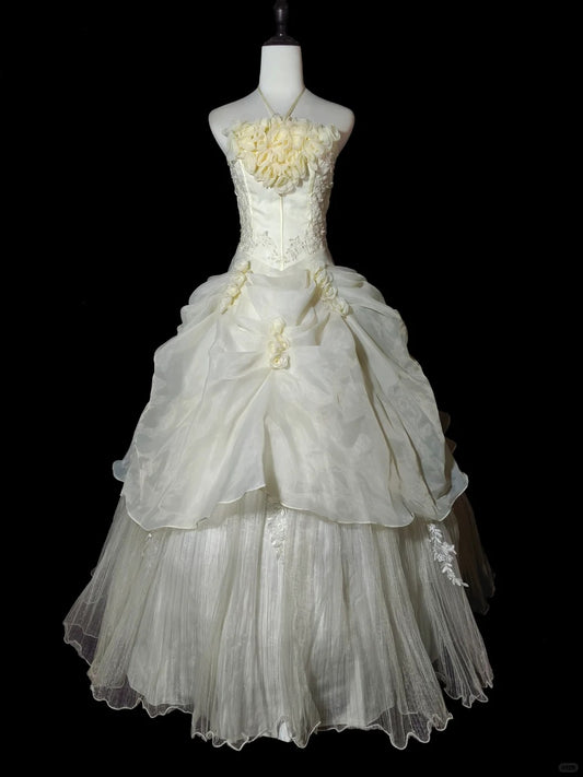 Beige Floral Elegant Long Tulle Ball Gown nv4779