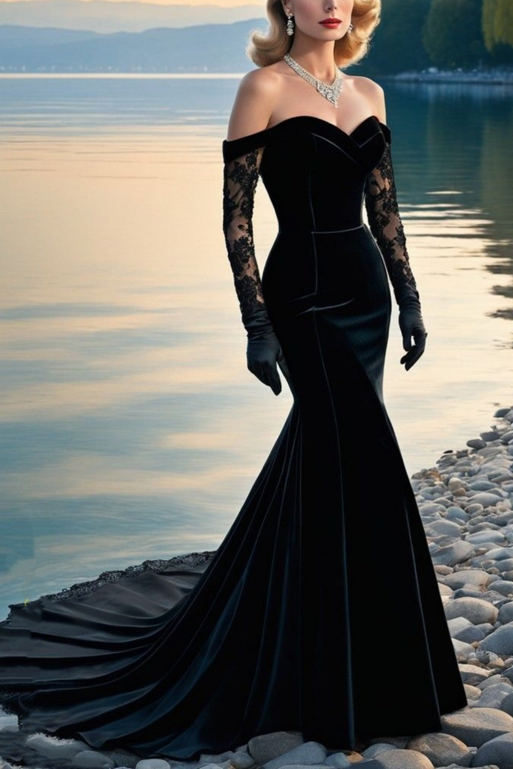 NiceVestidos-_Black velvet long floor-length evening gown with long sleeves NV6049
