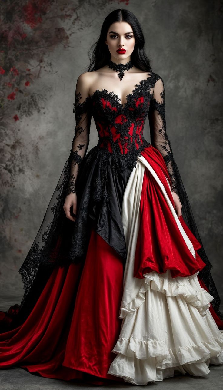 NiceVestidos-_Black And Red Vintage-Style Delicate Lace Tulle Long Vampire Ball Gowns NV6022