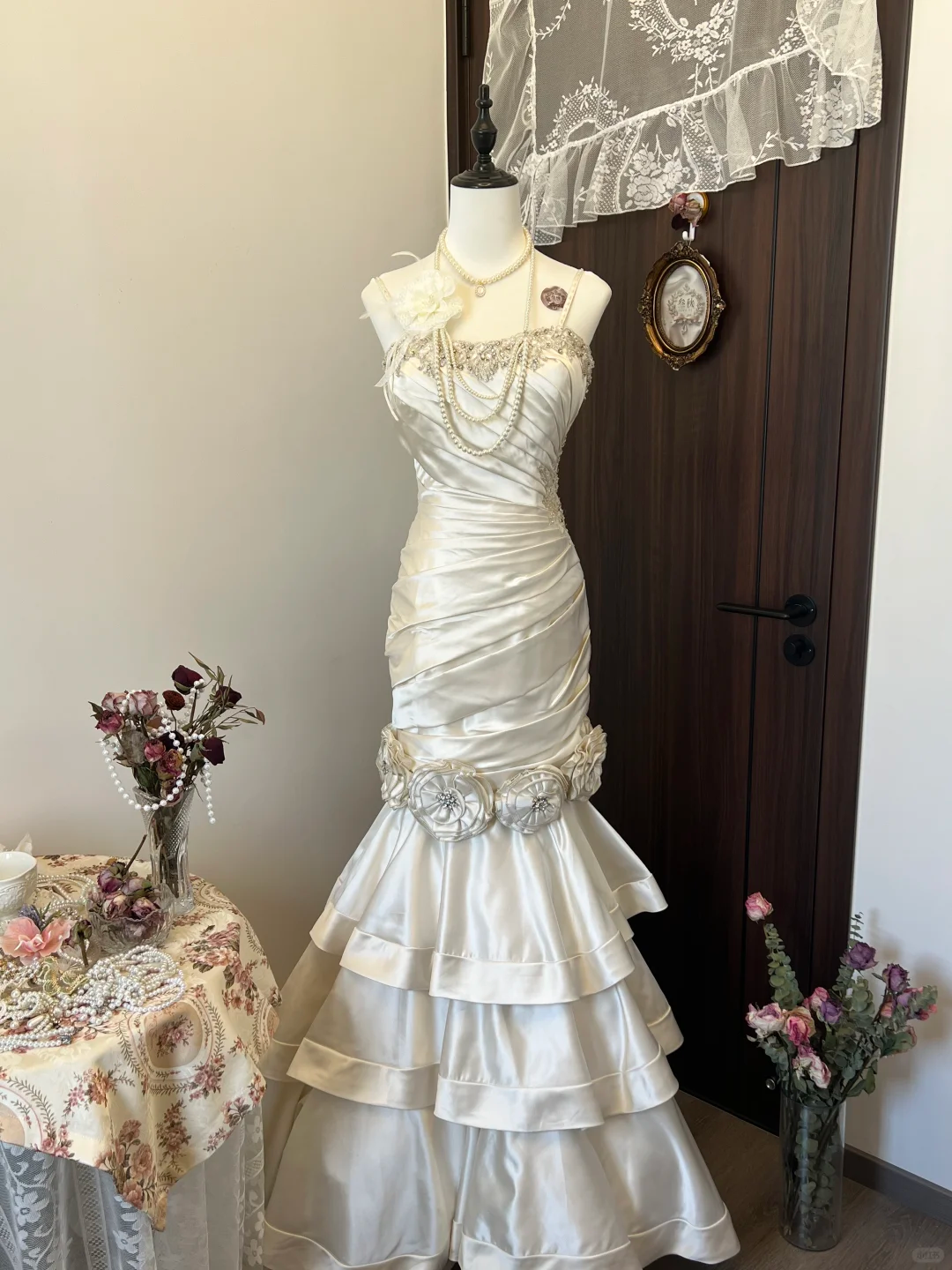 Ivory White Floral Beaded Long Satin Ball Gown Evening Gown Wedding Dress nv4216