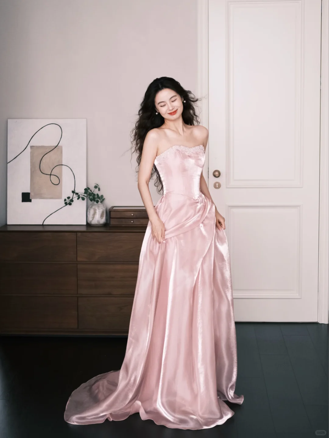 Blush Pink Strapless Satin Prom Dress Sweetheart Neck Long Train Evening Gown NV7210