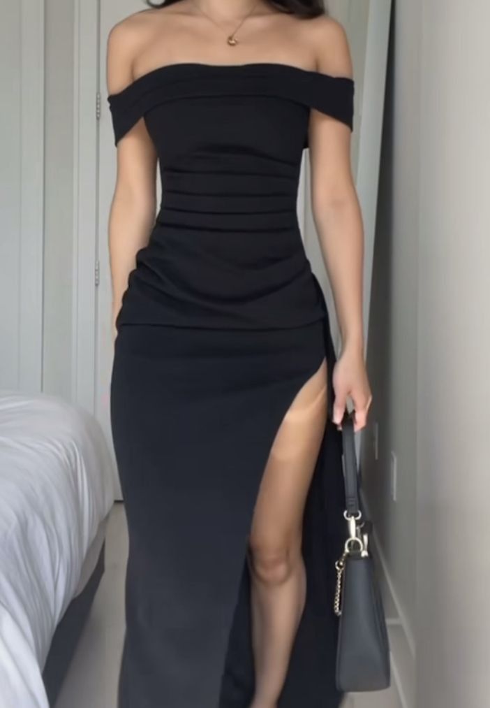 Black simple Off Shoulder elegant split long long dress for ball and evening party nv1769