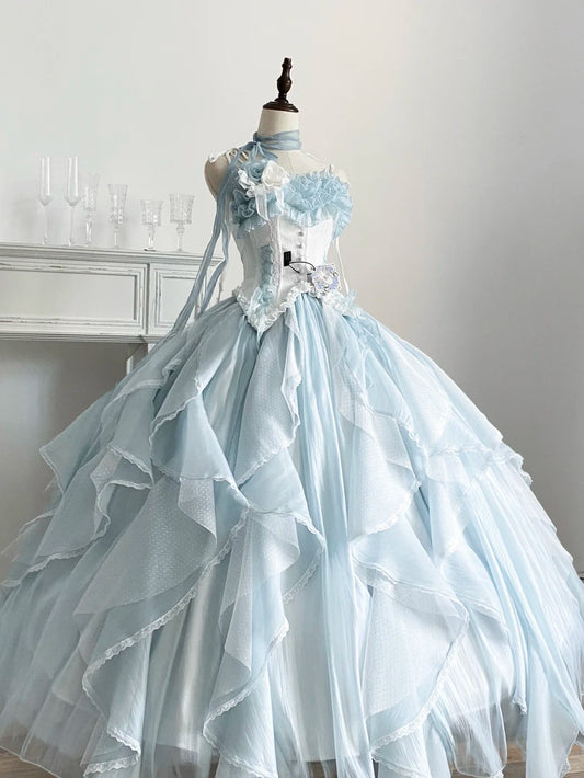 Light blue sweet floral long tulle ball gown evening dress Quinceanera Dresses nv4995