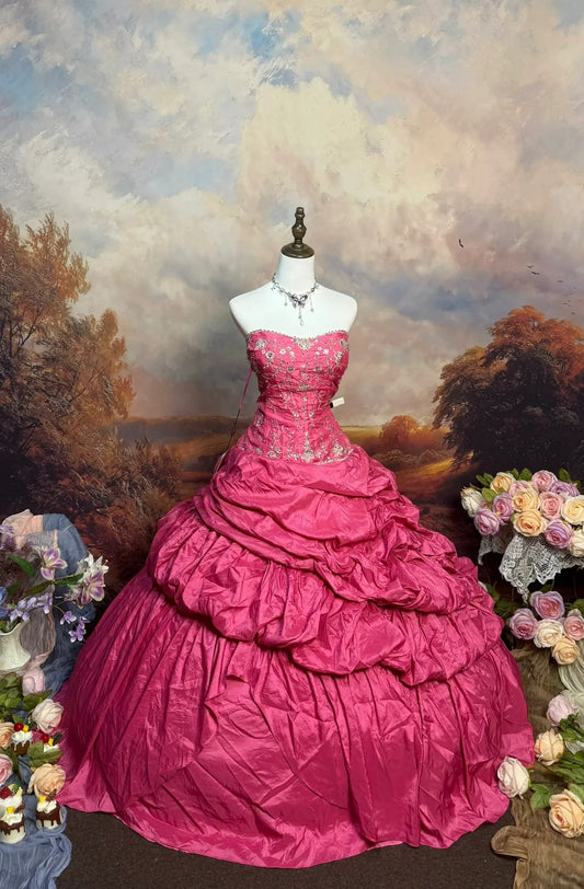 Pink Vintage Beaded Long Satin Ball Gown nv5146